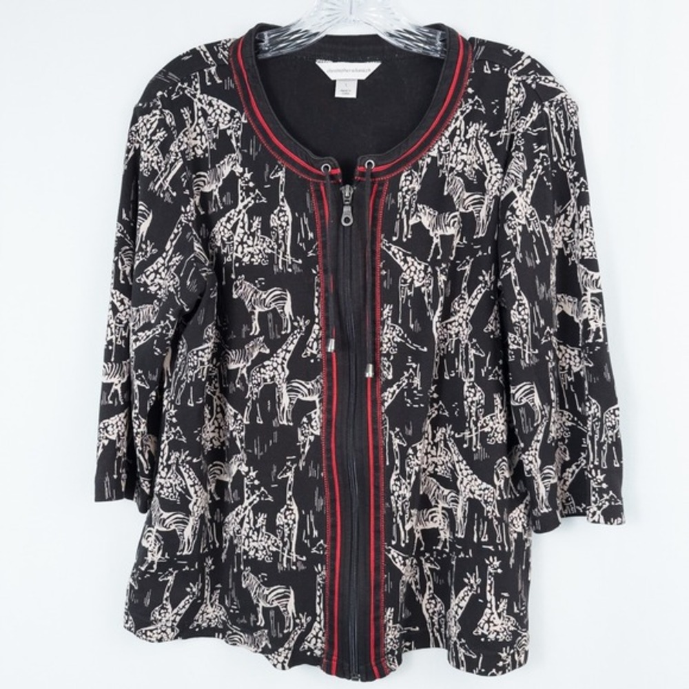 Christopher‎ & Banks Giraffe Zebra Print Top Womens L Full Zip 3/4 Sleeve Cotton